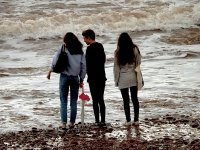 Teenagers at waters edge Sidmouth sea front SL300 DSCF3529.jpg