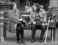 Two women talking on bench Sidmouth Market DSC00427.JPG